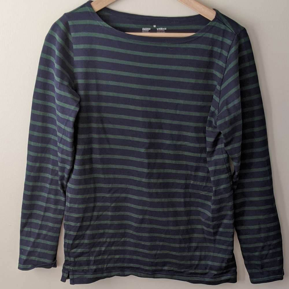 Muji Navy and Green Striped Crewneck